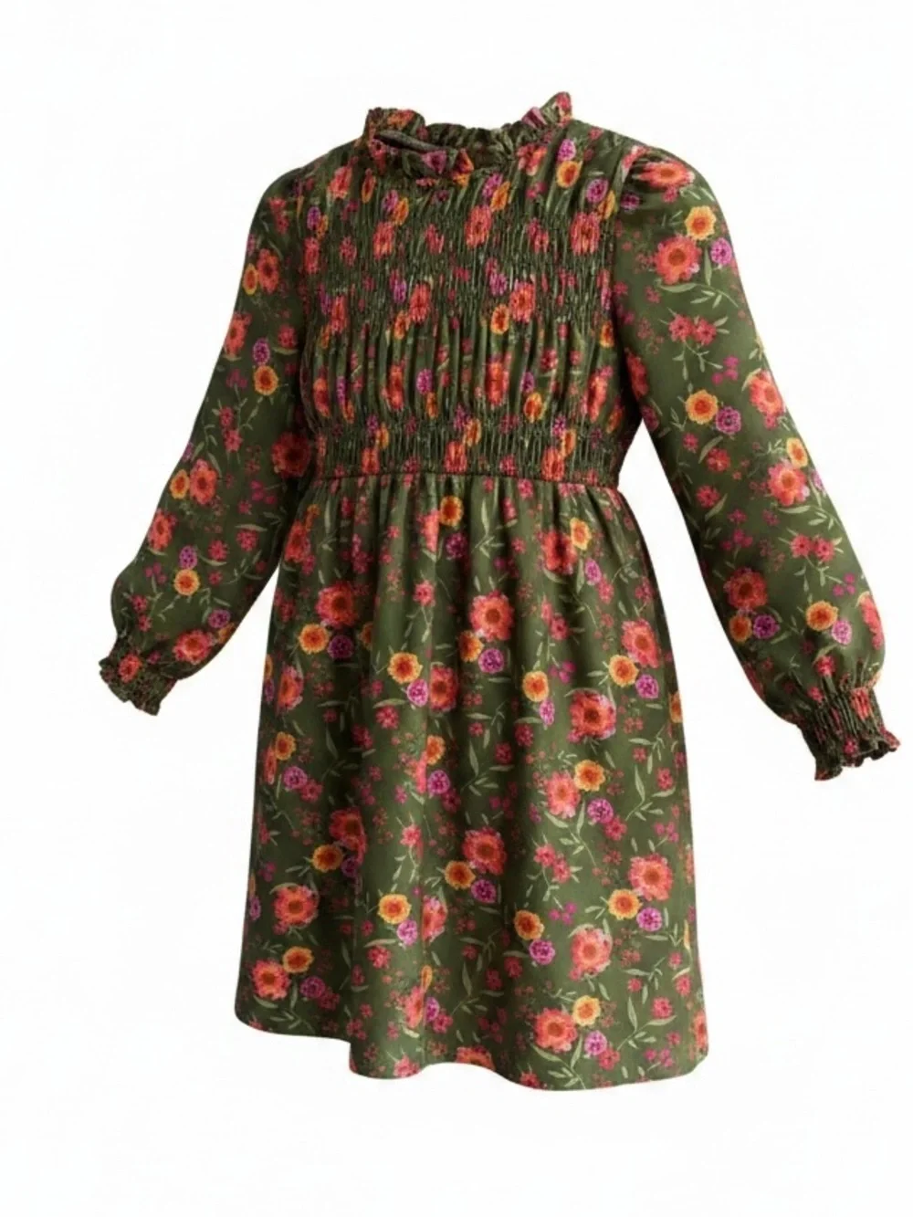 Girls' Kids Floral Smocked Green Long-Sleeve Dress by ZAC KIDS Size 7-8